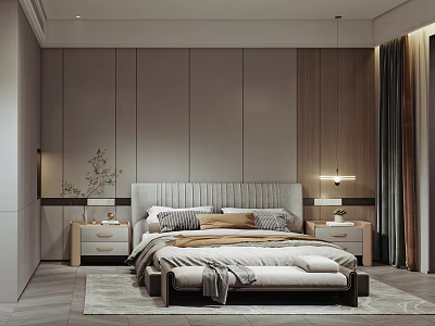 Modern Stylish Bedroom Interior With Bed Nightstands Plants And Lighting 3d model