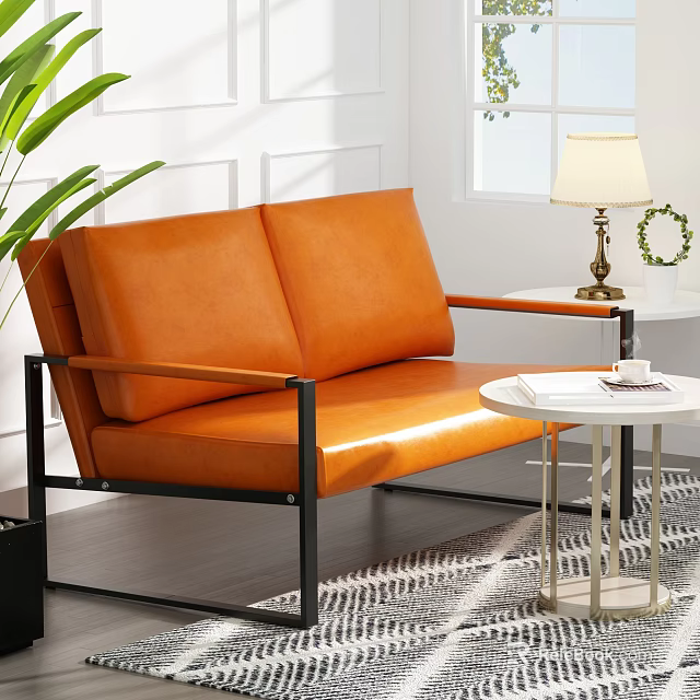 Orange Two Seater Leather Sofa With Black Metal Frame White Side Table And Green Plant 3d model 
