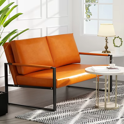 Orange Two Seater Leather Sofa With Black Metal Frame White Side Table And Green Plant 3d model