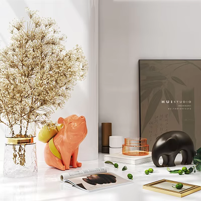 Decorative Ornament Set With Dried Flowers Glass Vase Orange Pig Figurine And Black Decor 3d model