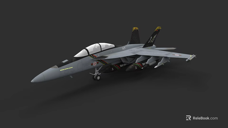 Gray Military Fighter Jet With Transparent Canopy Twin Vertical Tails and Mounted Weapons 3d model 
