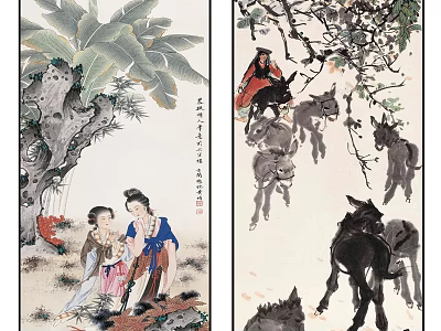 Classic Traditional Chinese Painting Artwork With Figures Banana Tree And Donkeys 3d model