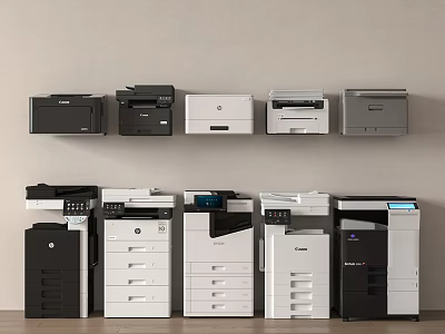Modern Office Appliances Different Models And Colors Arranged Against Wall In Office 3d model