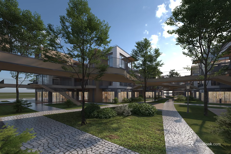 Modern Commercial Street With Modern Architecture Lush Trees Greenery And Stone Pathways 3d model 