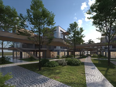 Modern Commercial Street With Modern Architecture Lush Trees Greenery And Stone Pathways 3d model