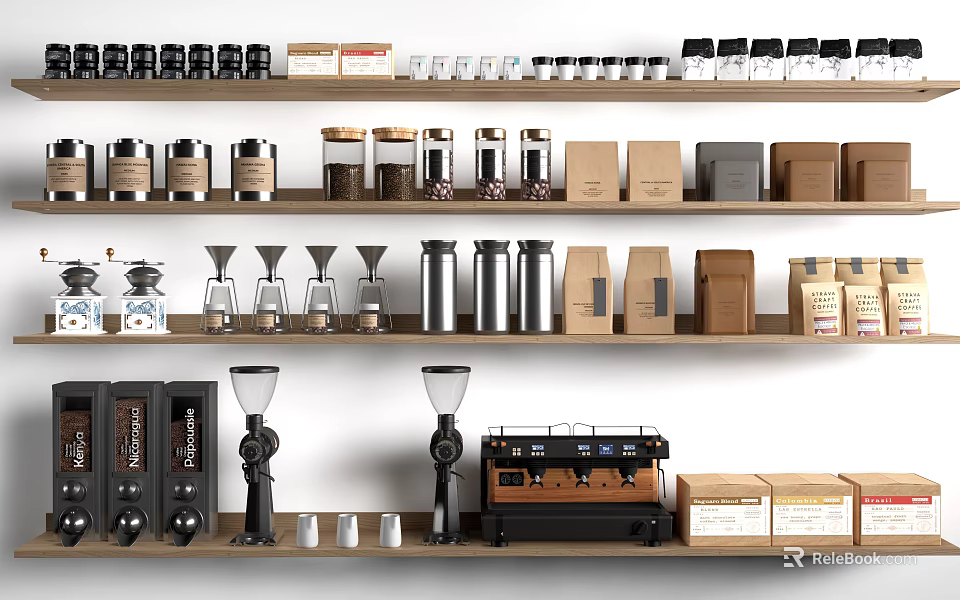 Wooden Display Shelves with Coffee Grinders Metal Jars and Paper Packages 3d model 