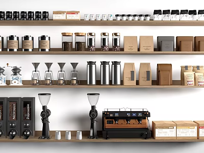 Wooden Display Shelves with Coffee Grinders Metal Jars and Paper Packages 3d model