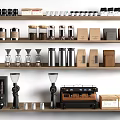 Wooden Display Shelves with Coffee Grinders Metal Jars and Paper Packages