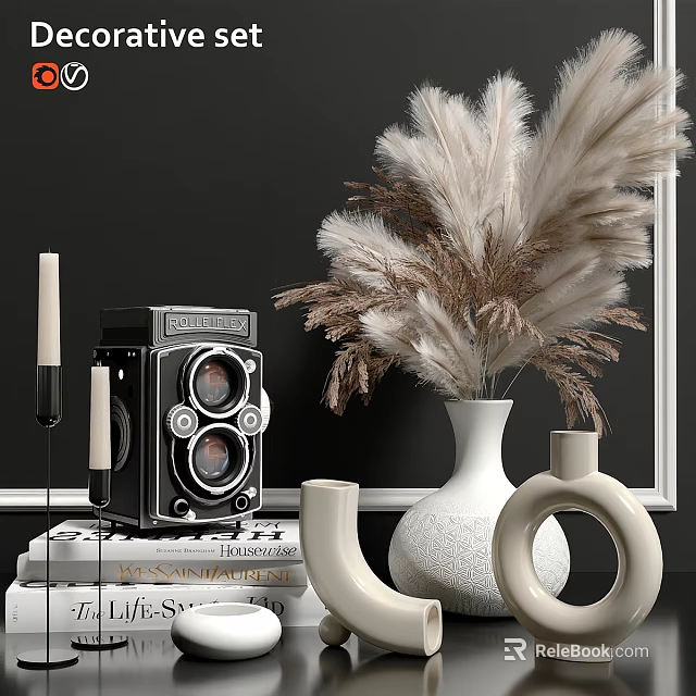 Decorative Ornament Set With Vintage Camera Pampas Grass White Vases Books Candles And Black Wall 3d model 