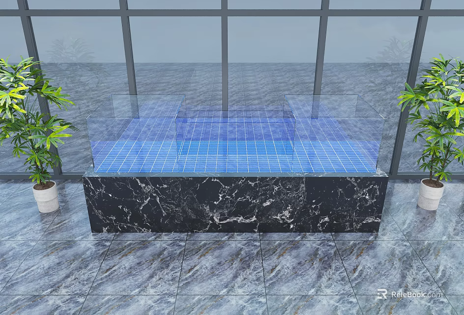Modern Specialty Store With Black Marble Counter Blue Tiles Glass Railings And Green Plants 3d model 