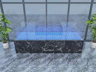 Modern Specialty Store With Black Marble Counter Blue Tiles Glass Railings And Green Plants 3d model