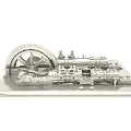 Mechanical Engine Model With Large Gear Wheel And Detailed Components On Acrylic Display Stand