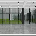 Spacious Modern Corridor With Large Glass Windows Gray Tiled Floor And Green Grass View 3d model