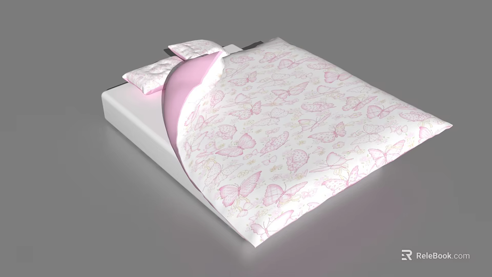 Double Bed with Pink and White Butterfly Pattern Bed Sheets and Pillows 3d model 