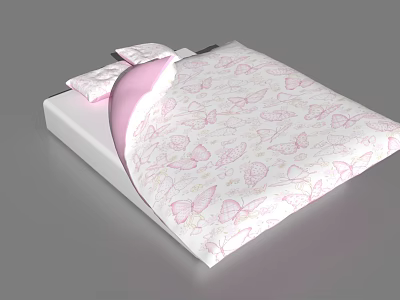 Double Bed with Pink and White Butterfly Pattern Bed Sheets and Pillows 3d model