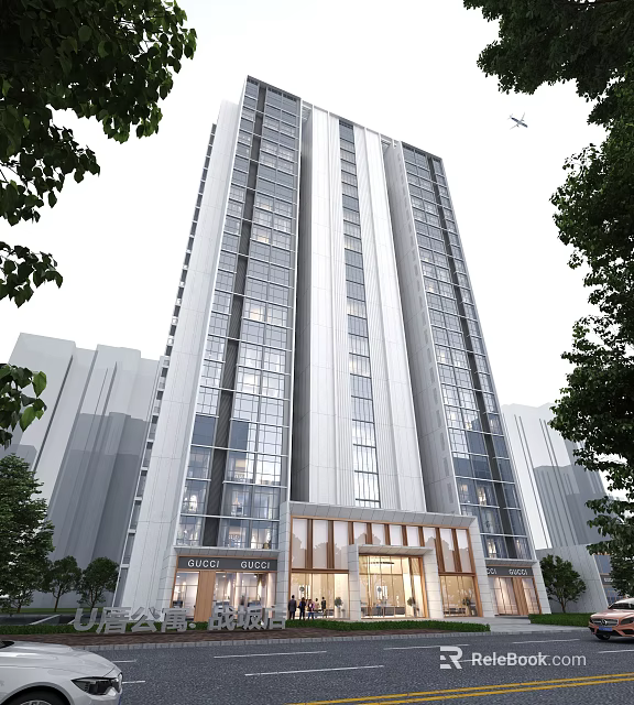 Modern High-Rise Residential Building with Glass Curtain Walls and Tree-Surrounded Entrance 3d model 