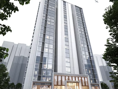 Modern High-Rise Residential Building with Glass Curtain Walls and Tree-Surrounded Entrance 3d model