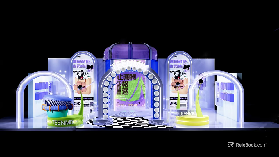 Vibrant Fragrance Display Booth With Purple Arch Transparent Cabinets Green Bottles And Checkered Floor 3d model 