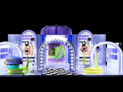 Vibrant Fragrance Display Booth With Purple Arch Transparent Cabinets Green Bottles And Checkered Floor 3d model