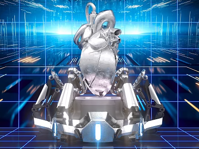 Futuristic Silver Mechanical Heart With Blue Tech Background Photo Check In Spot 3d model