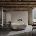 Hotel Room Interior With Wooden Ceiling Woven Wall Panel Bed Bathtub And Mountain View Window