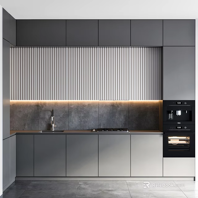 Modern Kitchen Cabinets With Vertical Striped Backsplash And Integrated Appliances 3d model