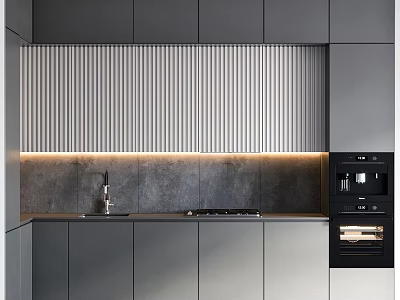 Modern Kitchen Cabinets With Vertical Striped Backsplash And Integrated Appliances 3d model