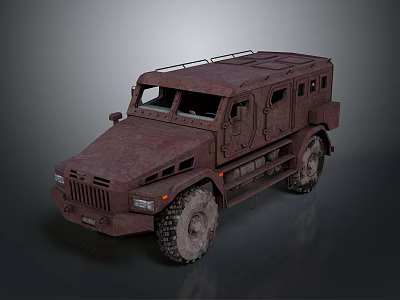Military Style Armored Off Road Vehicle With Rusty Exterior Large Tires And Roof Rack 3d model