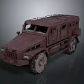Military Style Armored Off Road Vehicle With Rusty Exterior Large Tires And Roof Rack