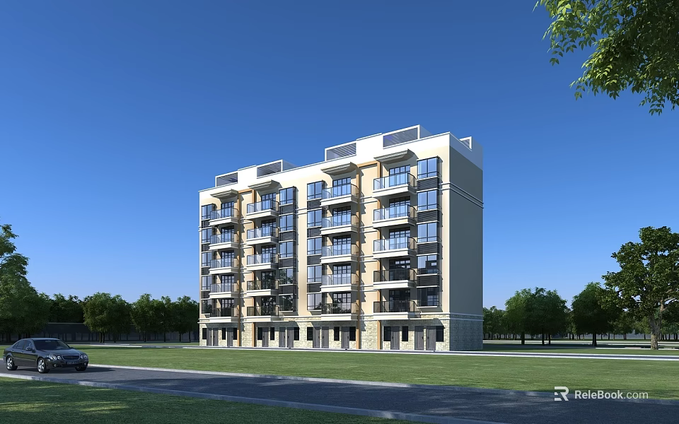Modern Residential Building Exterior Featuring Multiple Balconies And Green Landscaped Area 3d model 