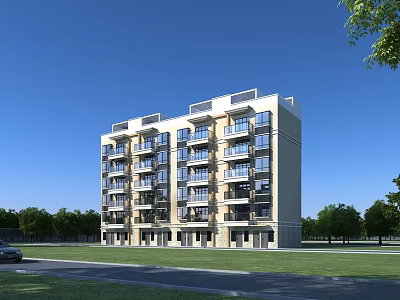 Modern Residential Building Exterior Featuring Multiple Balconies And Green Landscaped Area 3d model