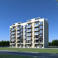 Modern Residential Building Exterior Featuring Multiple Balconies And Green Landscaped Area