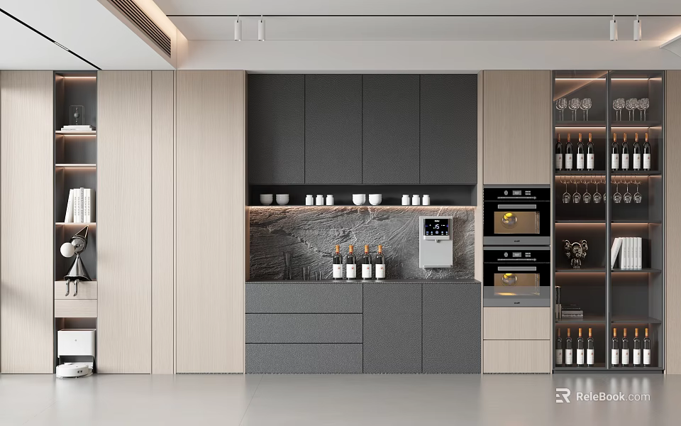 Elegant Modern Kitchen Interior With Wine Cabinet Glass Doors Displaying Wine Bottles And Appliances 3d model 