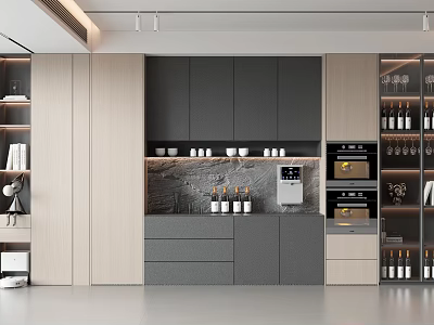 Elegant Modern Kitchen Interior With Wine Cabinet Glass Doors Displaying Wine Bottles And Appliances 3d model