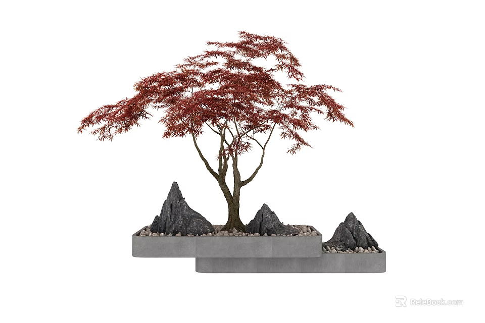 Garden Ornament Featuring Red Maple Tree Miniature Rock Mountains And Pebbles On Gray Platform 3d model 