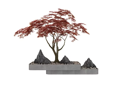 Garden Ornament Featuring Red Maple Tree Miniature Rock Mountains And Pebbles On Gray Platform 3d model