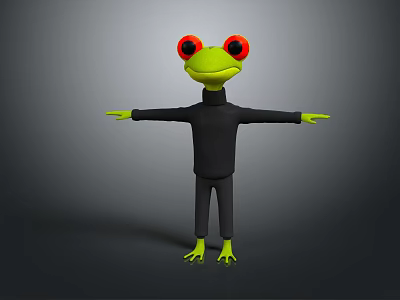 Game and Movie Character Green Frog With Red Big Eyes And Black Outfit Arms Outstretched 3d model