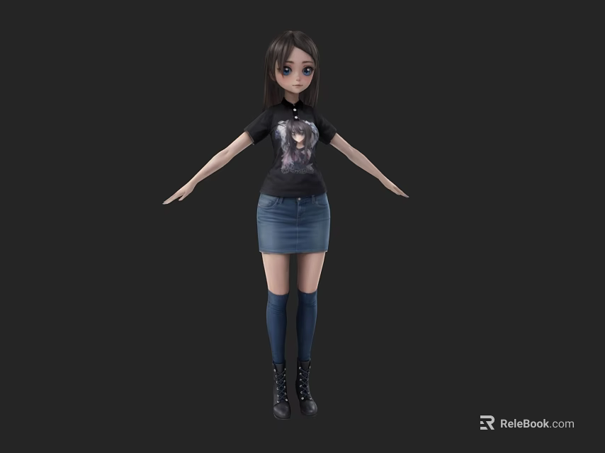 Woman Wearing Black T Shirt Denim Skirt Blue Knee High Socks And Black Boots 3d model 