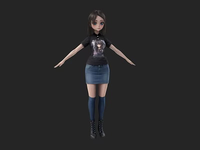 Woman Wearing Black T Shirt Denim Skirt Blue Knee High Socks And Black Boots 3d model