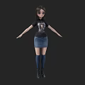 Woman Wearing Black T Shirt Denim Skirt Blue Knee High Socks And Black Boots