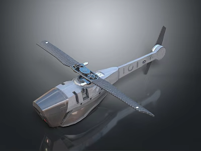 Silver Metal Helicopter Model With Rotors And Reflection On Dark Background 3d model