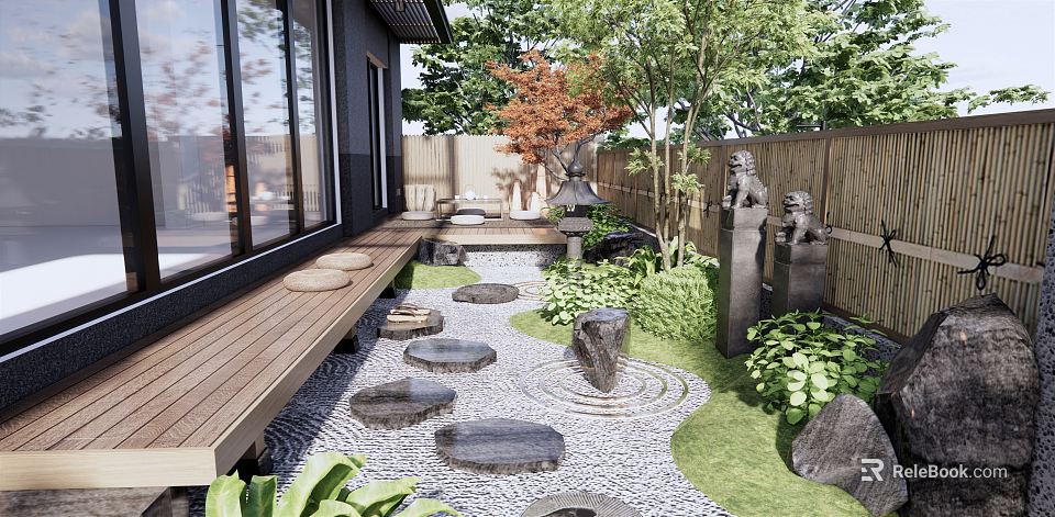 Traditional Courtyard Garden With Stepping Stones Wooden Deck Red Maple Tree And Stone Lantern 3d model 