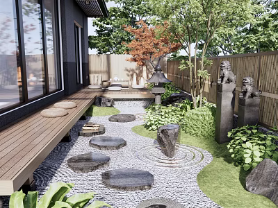 Traditional Courtyard Garden With Stepping Stones Wooden Deck Red Maple Tree And Stone Lantern 3d model