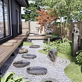 Traditional Courtyard Garden With Stepping Stones Wooden Deck Red Maple Tree And Stone Lantern