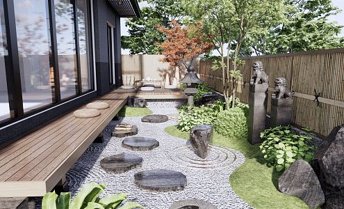 Japanese-style Courtyard Villa Courtyard Garden Zen Home Courtyard Bamboo Hedge Wall Landscape Tree Tea Table Water Bowl Flowers and Plants 3d model