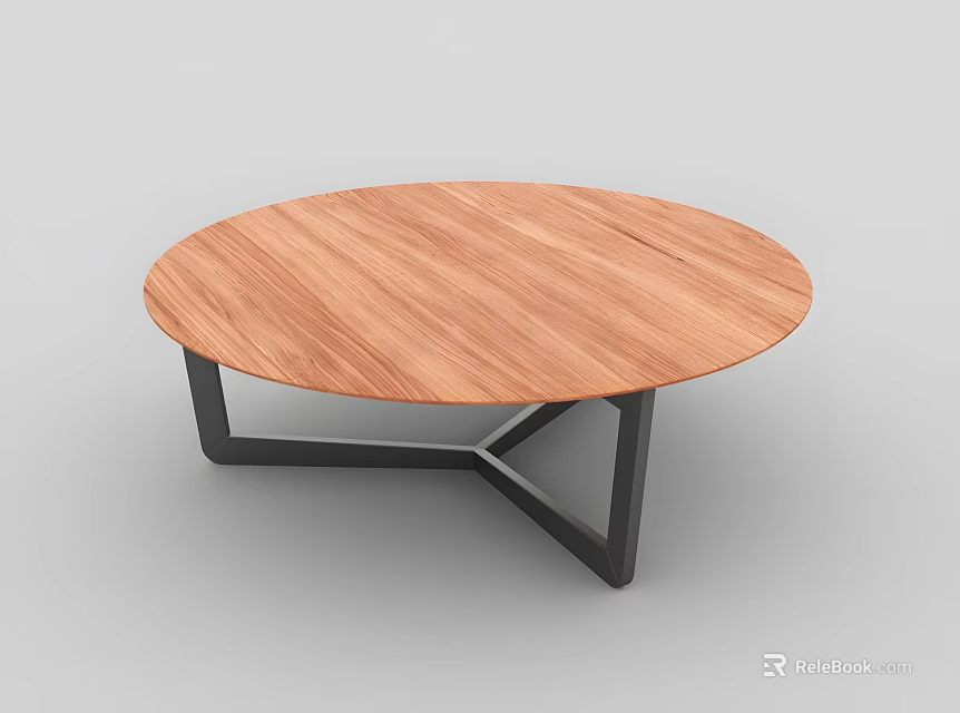Round Natural Wood Dining Table With Wood Grain And Black Metal Legs In Modern Style 3d model 