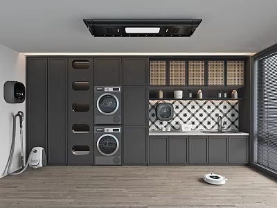 Home Balcony Interior With Dark Cabinets Stacked Washing Machine Dryer Wall Cabinets And Robot Vacuum 3d model