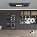 Home Balcony Interior With Dark Cabinets Stacked Washing Machine Dryer Wall Cabinets And Robot Vacuum
