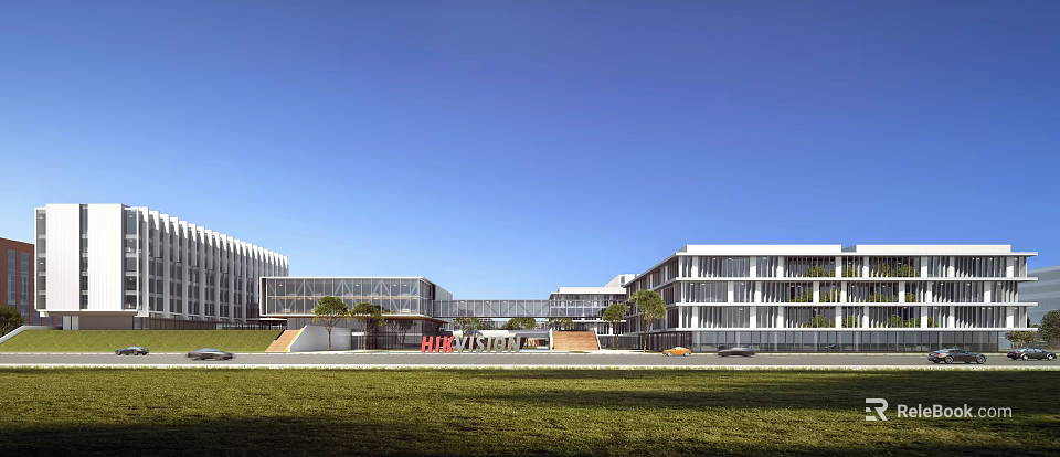 Modern Industrial Factory Building Exterior With Glass Curtain Walls And Green Lawn 3d model 