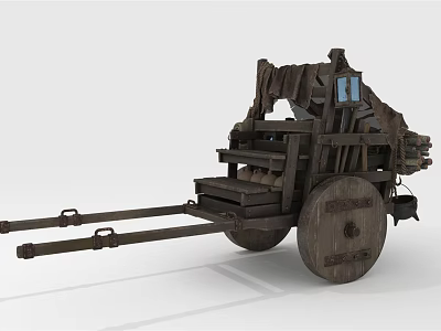 Old Fashioned Rustic Wooden Cart With Large Wheels Long Shafts And Medieval Structure 3d model